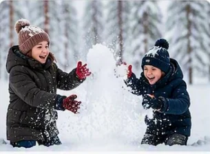 Copii jucandu-se in zapada Laponiei
